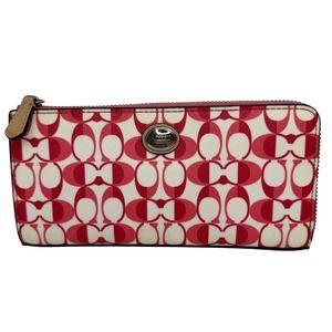 Coach Signature C‎ Peyton Pink Red Zip Around Accordion Long Wallet Preppy